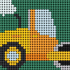 Op de afbeelding: Een pixel art afbeelding van een gele, oranje en witte bulldozer op een groene achtergrond. De bulldozer is gemaakt van kleine cirkels.