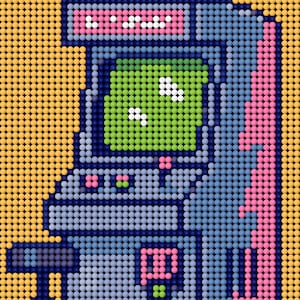 May include: A pixelated illustration of a retro arcade game with a blue, pink, and green color scheme. The game has a screen with white dots and a joystick.