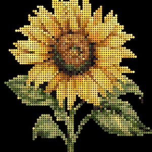 May include: A yellow sunflower with green leaves, made of small circles, against a black background.