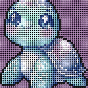 Peut inclure: Une tortue en perles bleues et blanches avec une carapace rose, sur un fond violet.