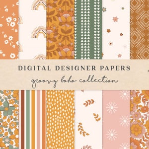Pode incluir: Um conjunto de 12 papéis digitais em estilo boho groovy. Os papéis apresentam uma variedade de padrões, incluindo desenhos florais, geométricos e abstratos. Os papéis medem 30,5 cm por 30,5 cm e 300 DPI.