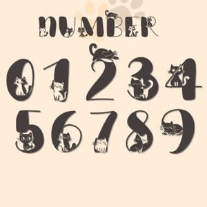 Puede incluir: Un conjunto de n&uacute;meros negros con gatos lindos dentro de cada n&uacute;mero. La palabra "NUMBER" est&aacute; en la parte superior de la imagen con gatos dentro de las letras.