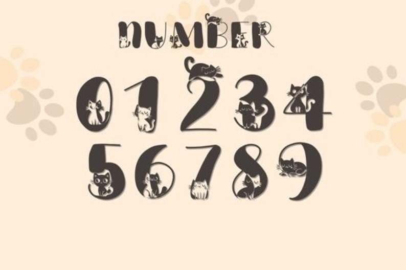 Puede incluir: Un conjunto de n&uacute;meros negros con gatos lindos dentro de cada n&uacute;mero. La palabra "NUMBER" est&aacute; en la parte superior de la imagen con gatos dentro de las letras.