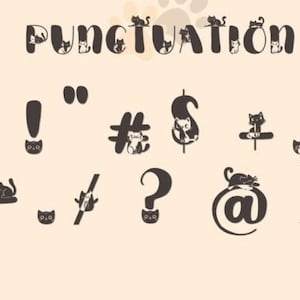 Puede incluir: Ilustraci&oacute;n en blanco y negro de signos de puntuaci&oacute;n hechos de gatos. La palabra "PUNCTUATION" est&aacute; en la parte superior de la imagen. Los signos de puntuaci&oacute;n incluyen: signo de exclamaci&oacute;n, comillas, numeral, signo de d&oacute;lar, signo m&aacute;s, coma, barra diagonal, signo de interrogaci&oacute;n, arroba y guion bajo.