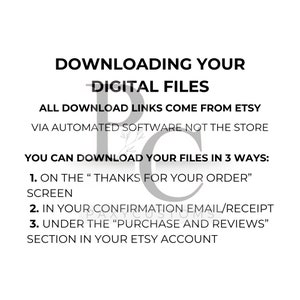 Puede incluir: Instrucciones basadas en texto sobre c&oacute;mo descargar archivos digitales comprados en Etsy. El texto dice: "Descargando tus archivos digitales. Todos los enlaces de descarga provienen de Etsy a trav&eacute;s de software automatizado, no de la tienda. Puedes descargar tus archivos de 3 maneras: 1. En la pantalla "Gracias por tu pedido". 2. En tu correo electr&oacute;nico/recibo de confirmaci&oacute;n. 3. En la secci&oacute;n "Compras y rese&ntilde;as" de tu cuenta de Etsy."