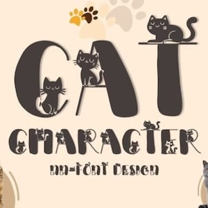 Może przedstawiać: Projekt czcionki przedstawiający słowo "CAT" z sylwetką kota wewnątrz każdej litery. Słowo "CHARACTER" znajduje się pod słowem "CAT" z sylwetką kota wewnątrz każdej litery. Tło jest jasnobeżowe z odciskami łap.