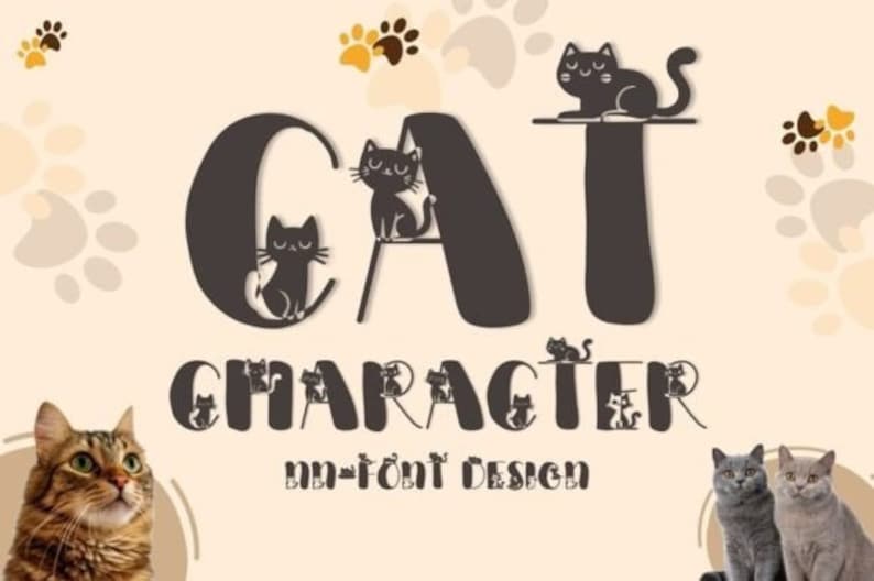 Puede incluir: Un dise&ntilde;o de fuente que presenta la palabra "CAT" con una silueta de gato dentro de cada letra. La palabra "CHARACTER" est&aacute; debajo de la palabra "CAT" con una silueta de gato dentro de cada letra. El fondo es beige claro con huellas de patas.