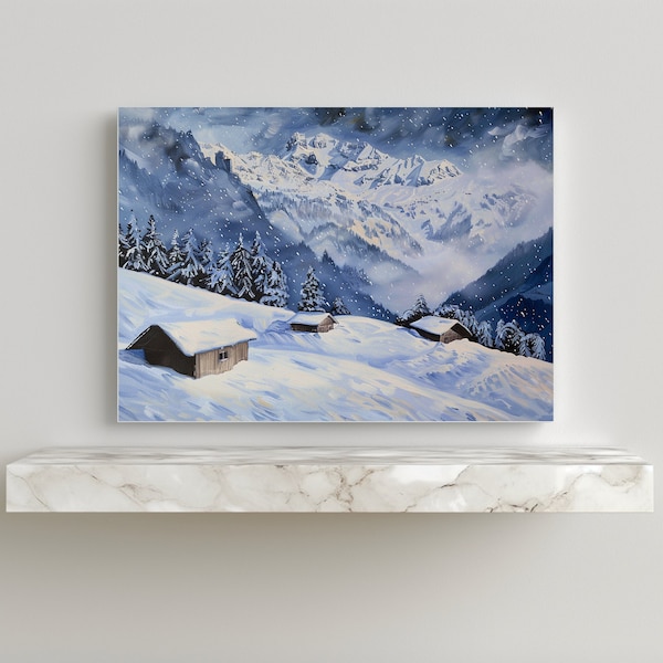 Enchanting Alpine Serenity - Winter Snow Mountain Landscape Painting Samsung Frame TV Art, Pine Trees TV Art, Digital Download