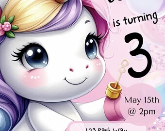 Editable Unicorn Birthday Invitation, Pastel Rainbow Party (Digital Download)