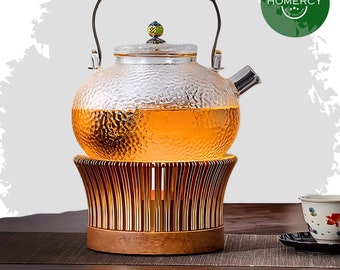 Round Bamboo Teapot Warmer | Alloy Stove Holder Teapot Base with Candle Holder for Heating Coffee Milk Food