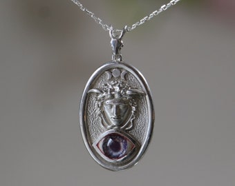 Sterling Silver Medusa Locket Necklace, Glass Eye Pendant, Witch Jewelry