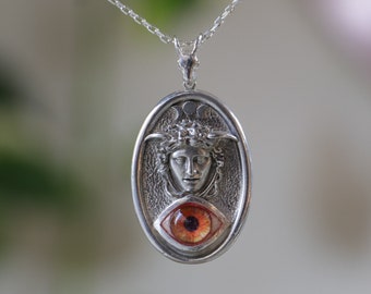 925 Silver Medusa Locket Necklace, Bronze Evil Eye Pendant