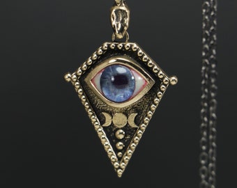 Triple Moon Bronze Eye Pendant, Snake Chain Necklace, Witch Jewelry