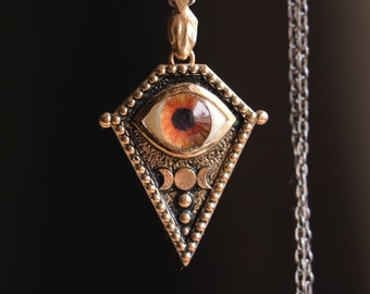 Charm Witch Necklace, Eye of Death, Coffin Jewelry, Moon Unique Jewelry, Triple Moon Witch Eye Pendant, Talisman Evil Eye Pendant,