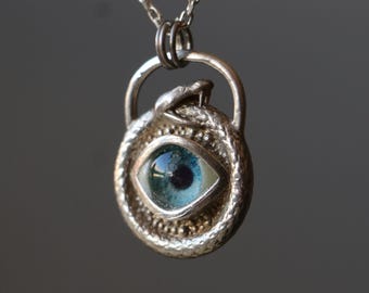 Serpent Eye Silver Necklace, Mystical Snake Talisman, Evil Eye Protection