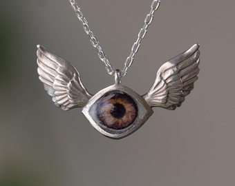 Sterling Silver Winged Eye Necklace, Evil Eye Talisman