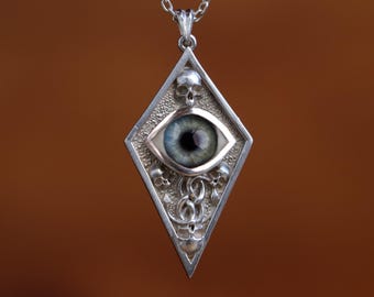 Sterling Silver Skull Eye Pendant, Personalized Evil Eye Necklace