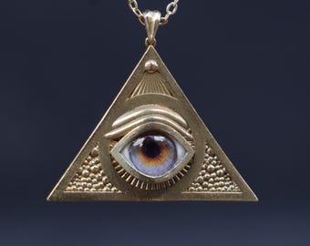Evil Eye Necklace, All Seeing Eye of Providence, Brass or Silver