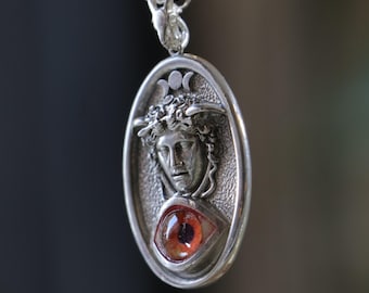 Sterling Silver Medusa Necklace, Hazel Eye Pendant, Triple Moon
