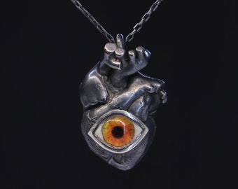 Oxidized 925 Silver Anatomical Heart Necklace, Evil Eye Pendant