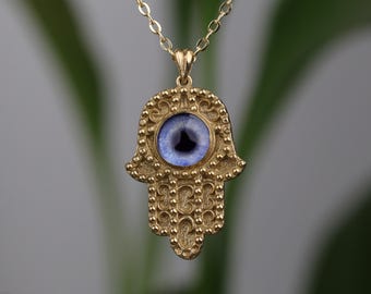 Gold Hamsa Hand Necklace, Evil Eye Pendant, Protection Jewelry