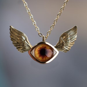 Winged Evil Eye Necklace, Custom Iris Pendant, Brass or Silver