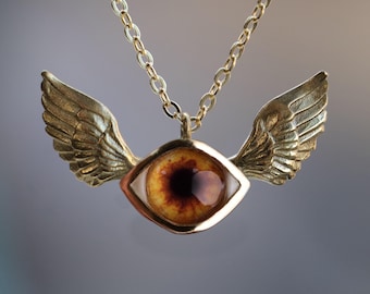 Winged Evil Eye Necklace, Custom Iris Pendant, Brass or Silver