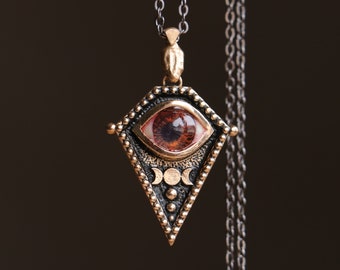 Dark Brown Evil Eye Pendant, Triple Moon Witch Eye Pendant, Talisman Evil Eye Pendant, Charm Witch Necklace, Evil Glass Eye Necklace,