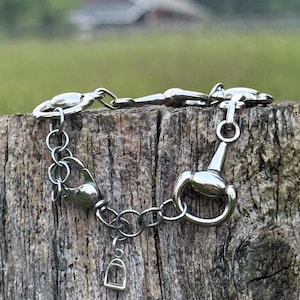 May include: A silver-toned bracelet featuring equestrian-themed charms, including a stirrup and a horse bit. The bracelet is displayed on a weathered wooden surface, with a blurred green and red background.