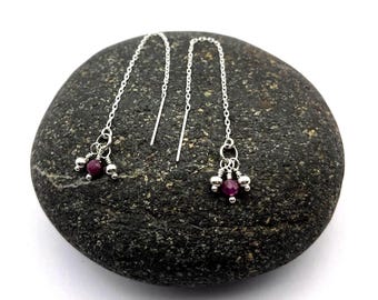 Dainty gemstone threader earrings, sterling silver, gem stone of choice with silver bead accents.  Ruby, aquamarine, amethyst, jade, peridot