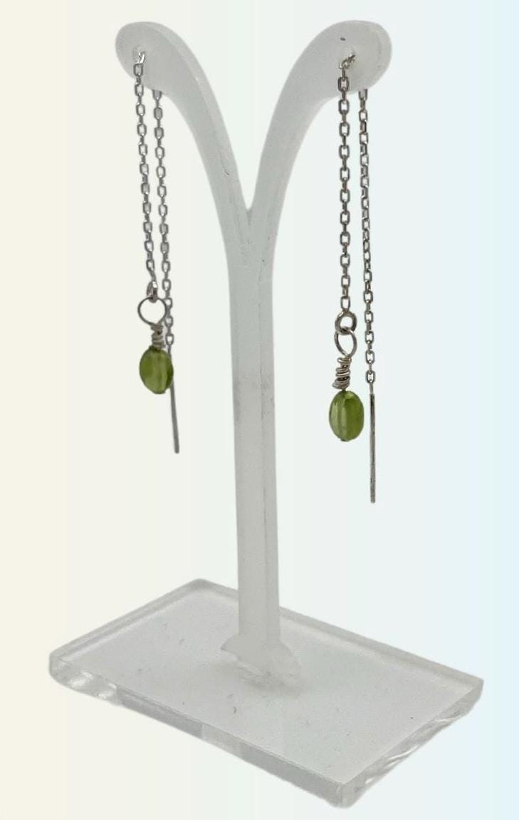 Dainty, gemstone threader earrings. Peridot (pictured), jade, ruby, or aquamarine gems available on sterling silver chain.