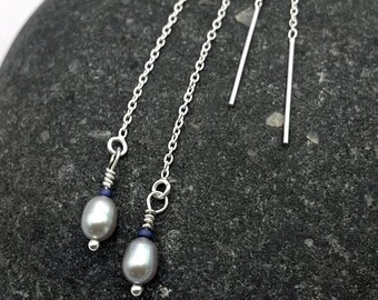 Dainty freshwater pearl threader earrings. Sterling silver, custom color accent.  Make your own color edid - Think spring pastels.
