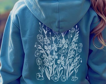 August Birth Flowers Hoodie: Organic Cotton Gladiolus Poppy Sweatshirt for Girls, Line Art Design