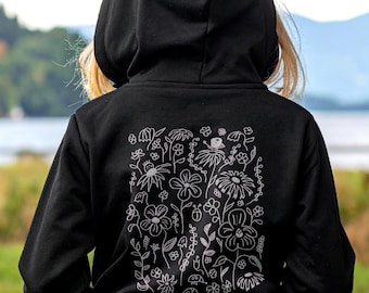 Girls Organic Cotton Botanical Line Art Hoodie: Sustainable Floral Hooded Sweatshirt