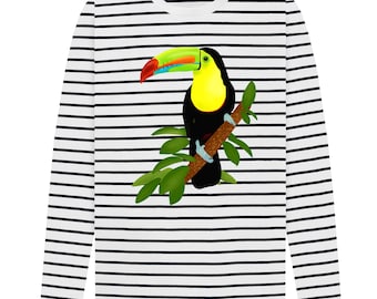 Organic Cotton Keel Billed Toucan T-shirt: Striped Long Sleeve Tropical Bird Tee