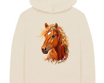 Organic Cotton Girls Chestnut Horse Hoodie, Wildflower Meadow Illustration, ages 3-12
