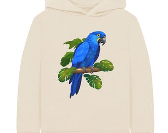 Sudadera con capucha infantil de algodón orgánico con jacinto y guacamayo: regalo de sudadera con loro de la selva tropical