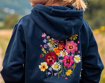 Girls Organic Cotton Floral Hoodie, Kids Wildflower Sweatshirt, Eco-friendly Meadow Hoodie, Botanical Gift