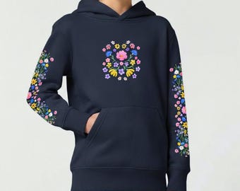 Girls Luxury Floral Hoodie, Organic Cotton Ranunculus Flower Sweatshirt Gift, Sleeve Print Birthday Gift