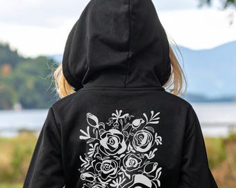 June Birth Flowers Hoodie: Organic Cotton Roses Honeysuckle Sweatshirt, Hand Drawn Linocut Design