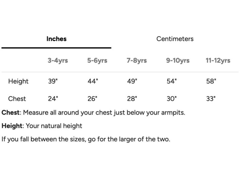 May include: A white chart with size measurements in inches and centimeters for children's clothing. The chart includes height and chest measurements for ages 3-12 years old. Text at the bottom advises to choose the larger size if between sizes.
