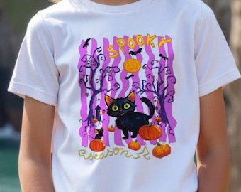 Kids Halloween T-shirt, Organic Cotton Black Cat Mouse Tee, Hand Illustrated Spooky Design