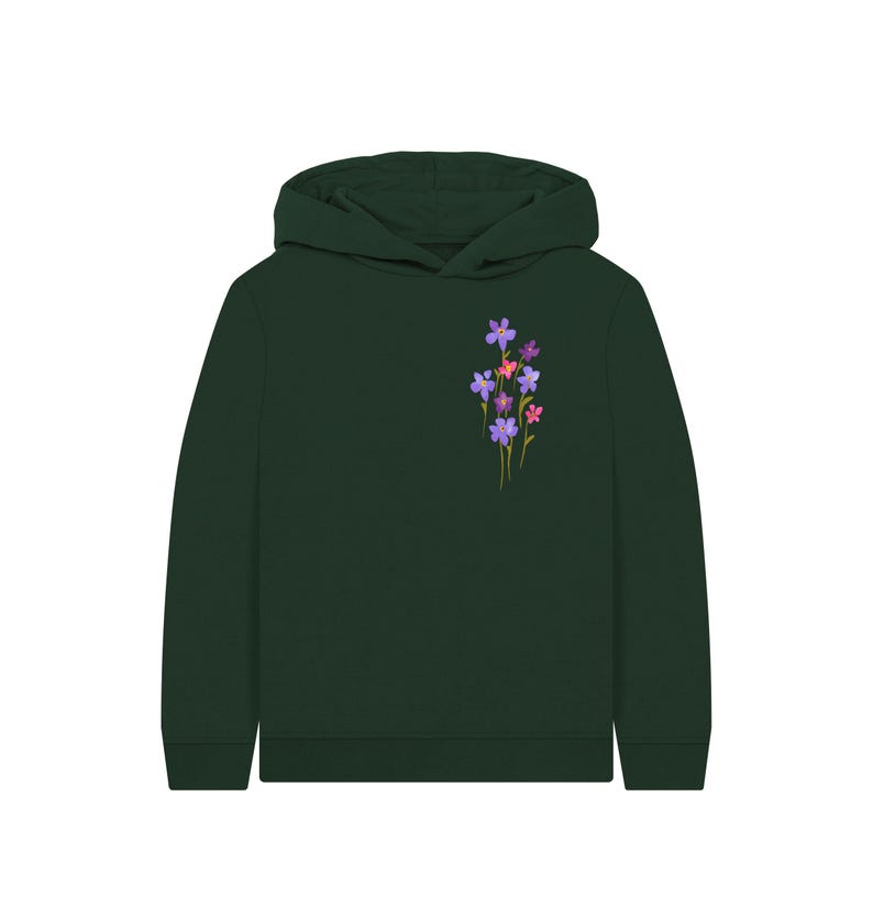 May include: A dark green hoodie with a small floral design on the left chest. The flowers are a mix of purple, pink, and yellow. The hoodie has a hood and long sleeves.