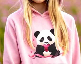 Girls’ Organic Cotton Panda Hoodie Gift: Eco-friendly Panda Hooded Sweatshirt with Heart, Pastel Colours