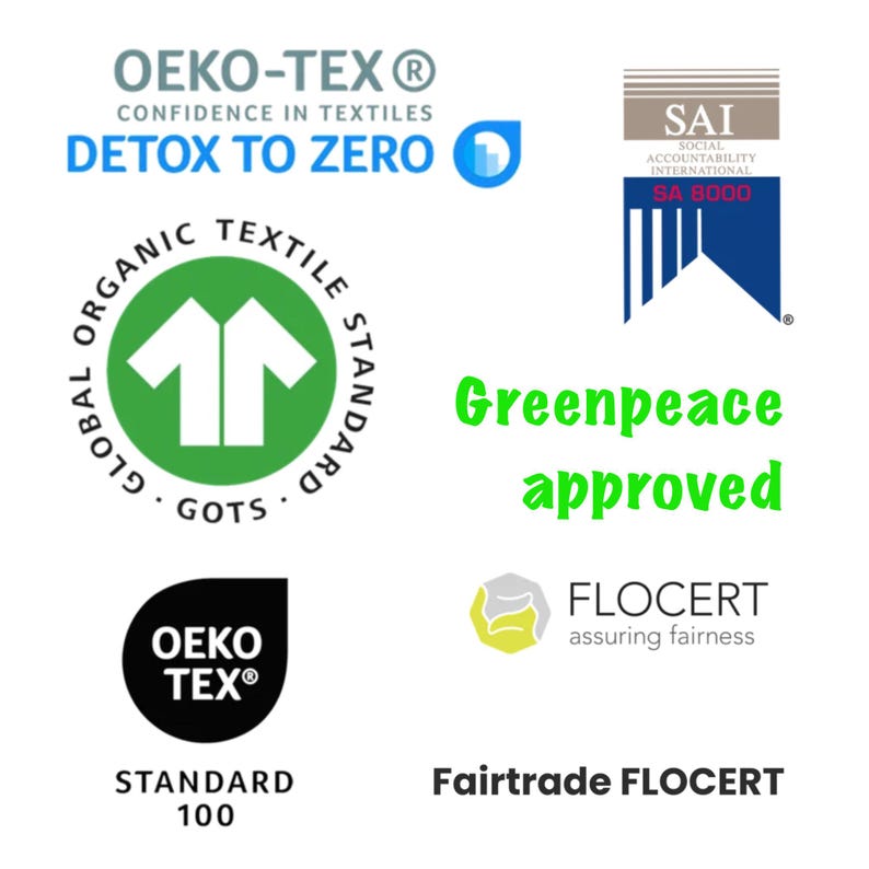 May include: Image featuring logos and text related to textile and environmental certifications. Includes "OEKO-TEX", "DETOX TO ZERO", "GOTS", "Greenpeace approved", "FLOCERT", "Fairtrade FLOCERT", and "SAI SA 8000" logos.