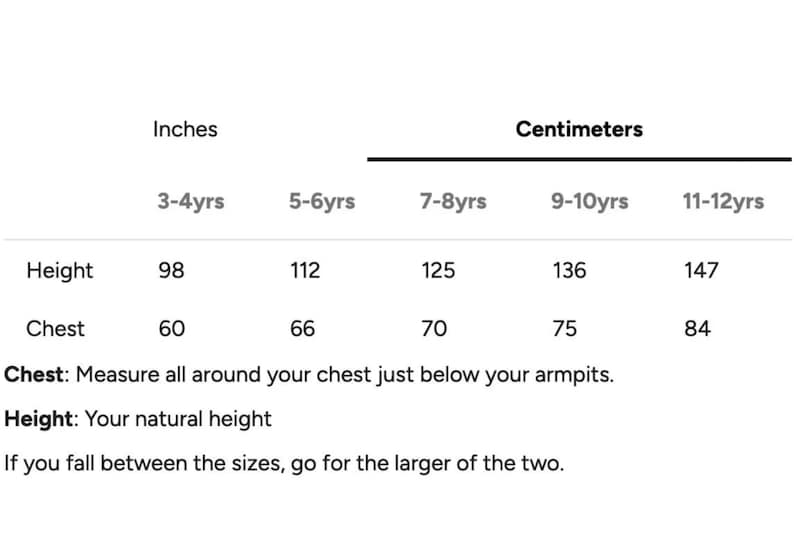 May include: A size chart with measurements in inches and centimeters for children's clothing. The chart includes height and chest measurements for ages 3-4 years through 11-12 years. Instructions are included.
