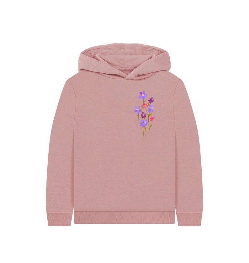 May include: A dusty rose hoodie with a floral design. The hoodie features a cluster of purple, pink, and orange flowers with green stems on the left chest. The hoodie has a hood and long sleeves.