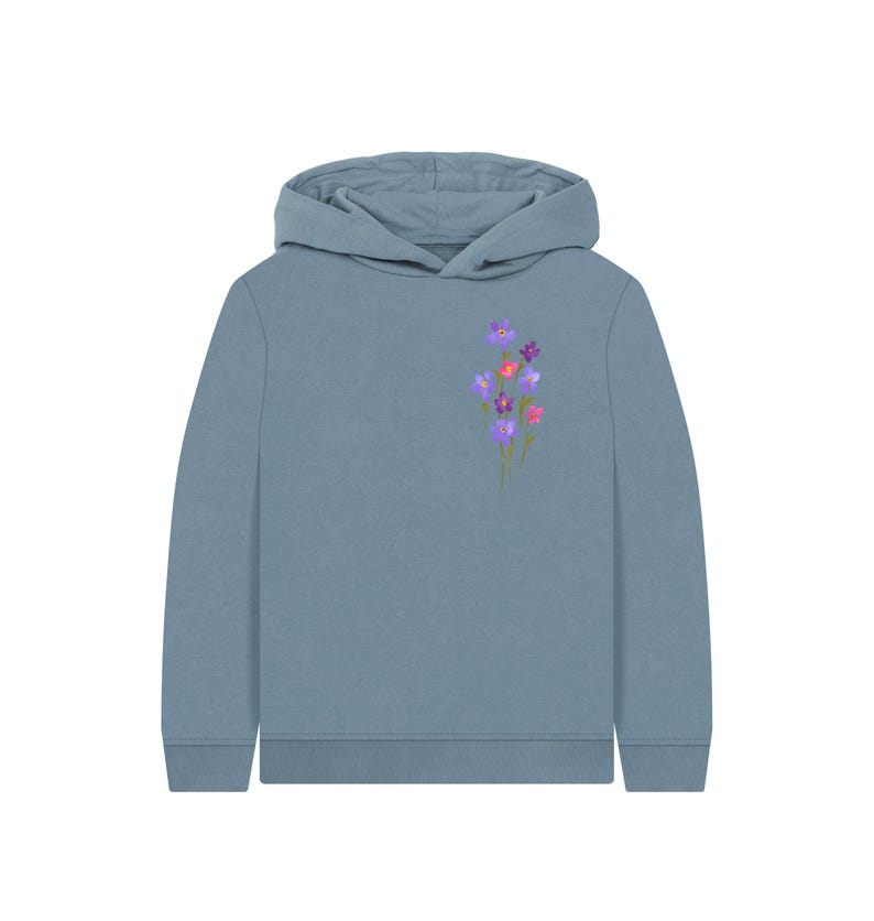 May include: A blue-grey hoodie with a floral design. The hoodie features a hood and long sleeves. The floral design includes purple, pink, and red flowers with green stems. The hoodie is made of a soft material.