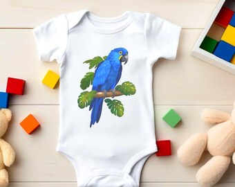 Organic Cotton Blue Macaw Baby Bodysuit: Hand-Illustrated Rainforest Bird Gift