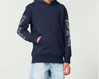 Organic Cotton Sleeve Print Hoodie, Morning Glory Aster Design, Kangaroo Pocket, September Birth Flower